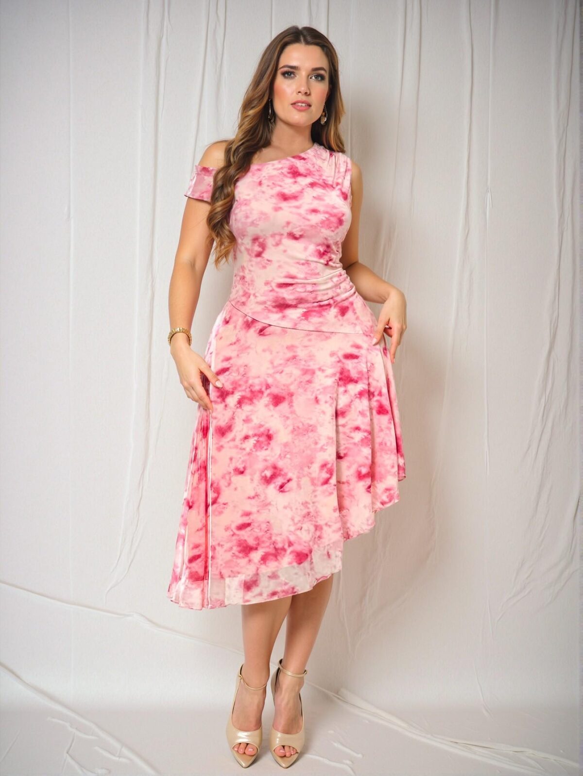 Elegant Pink Asymmetrical Neck Sleeveless Midi Dress with Ruched Hem and All-Over Print for Spring/Summer Chic, Classy and Trendy Fashion Style to Dress to Impress