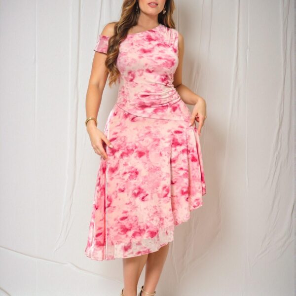 Elegant Pink Asymmetrical Neck Sleeveless Midi Dress with Ruched Hem and All-Over Print for Spring/Summer Chic, Classy and Trendy Fashion Style to Dress to Impress