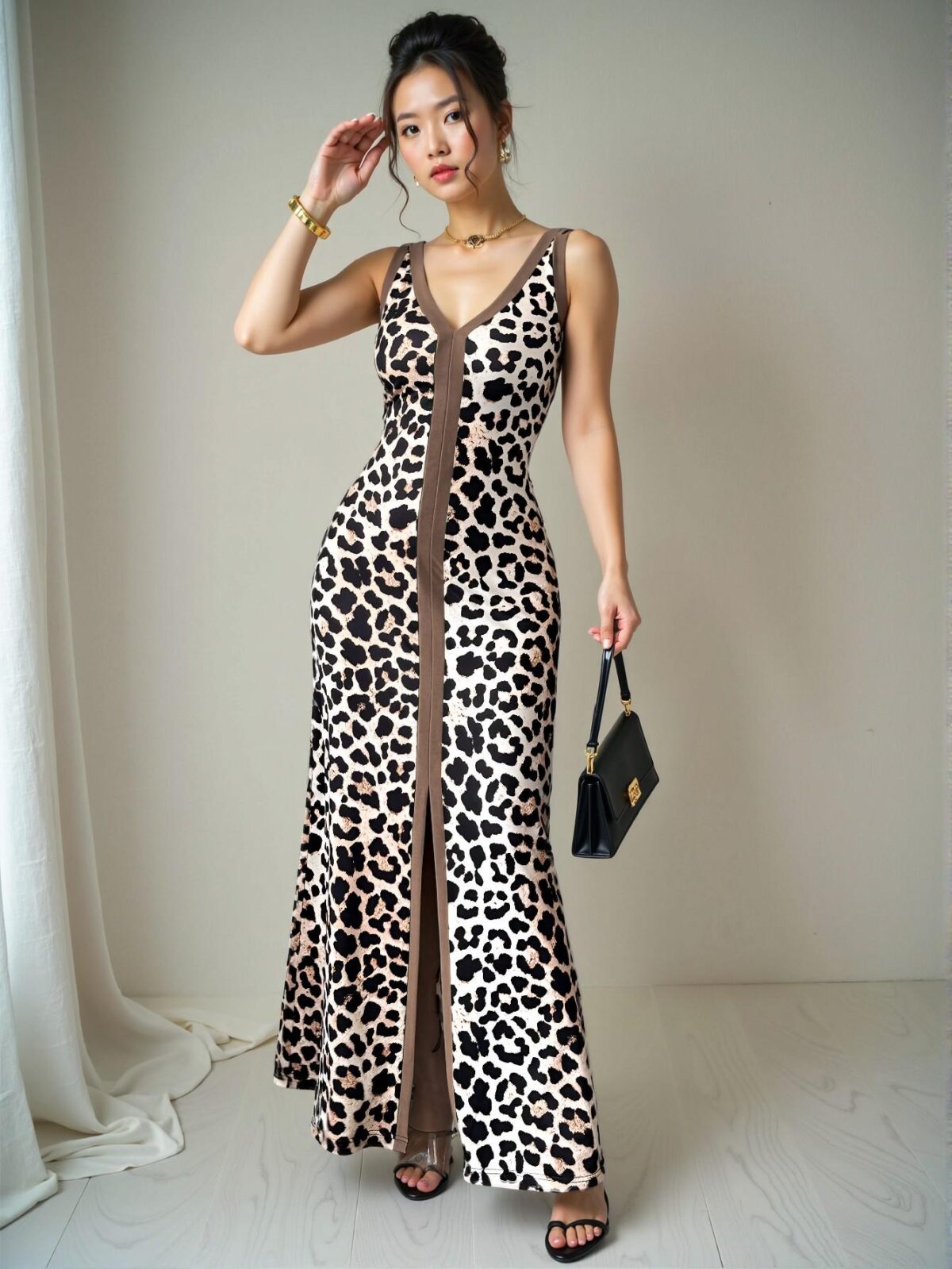 Elegant Multicolor Stylish Front Slit Leopard Print Dress, V-Neck Fitted Sleeveless Symmetric Collar Long Design for Spring and Summer - Chic, Classy and Trendy Fashion Style to Dress to Impress - Image 3