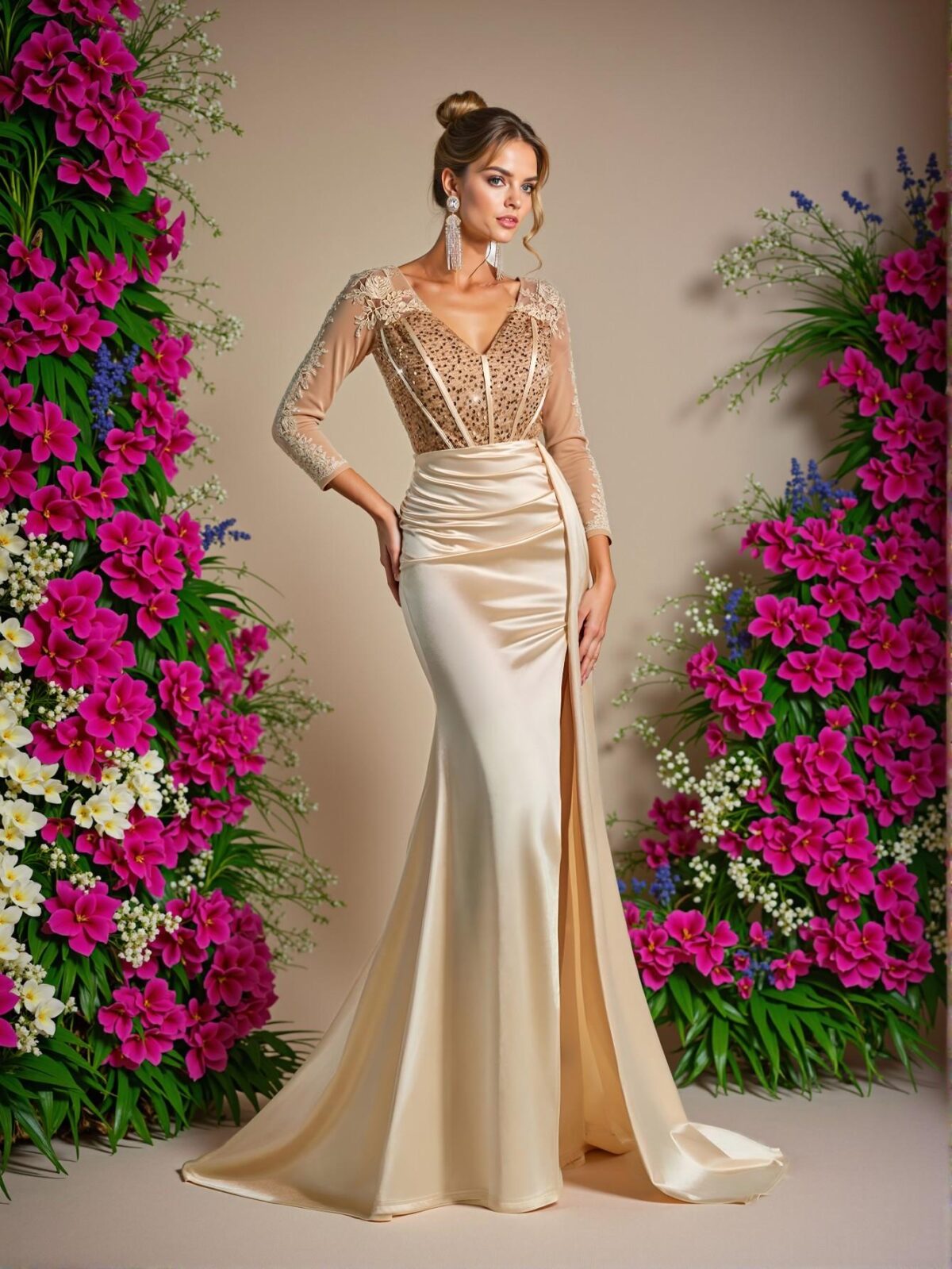 Elegant Champagne V-Neck Sheer Long Sleeve Lace Applique Sequin Mermaid Hem Stretch Satin Maxi Dress, Perfect for Weddings, Parties, Vacations, Balls, and Formal Events, Chic, Classy and Trendy Fashion Style to Dress to Impress, Perfect for party, prom, graduation day, and ceremony for university, college, and high school, Formal Evening Dinner Cocktail, Wedding Guest Gown.