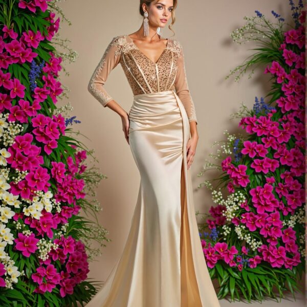 Elegant Champagne V-Neck Sheer Long Sleeve Lace Applique Sequin Mermaid Hem Stretch Satin Maxi Dress, Perfect for Weddings, Parties, Vacations, Balls, and Formal Events, Chic, Classy and Trendy Fashion Style to Dress to Impress, Perfect for party, prom, graduation day, and ceremony for university, college, and high school, Formal Evening Dinner Cocktail, Wedding Guest Gown.