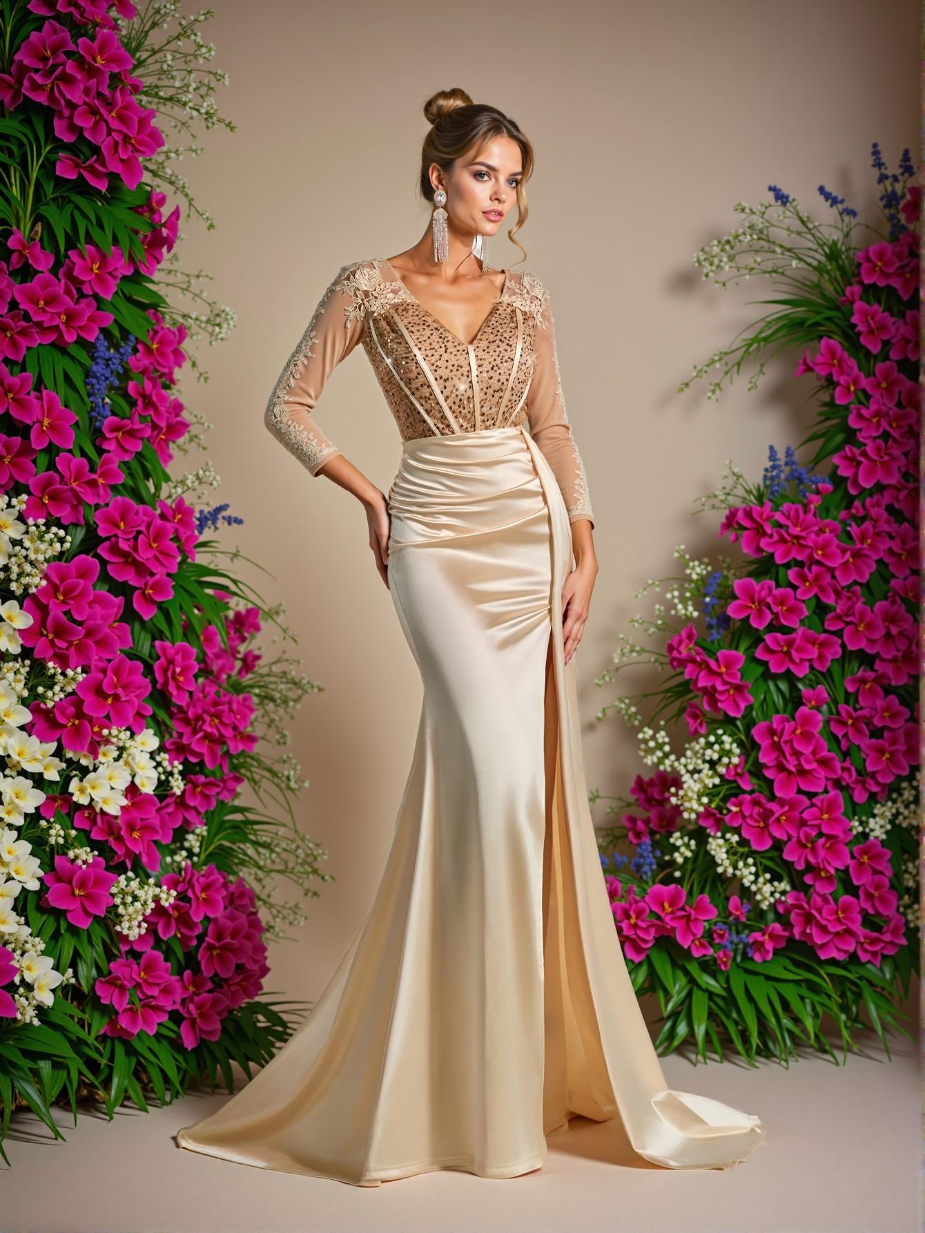 Elegant Champagne V-Neck Sheer Long Sleeve Lace Applique Sequin Mermaid Hem Stretch Satin Maxi Dress, Perfect for Weddings, Parties, Vacations, Balls, and Formal Events, Chic, Classy and Trendy Fashion Style to Dress to Impress, Perfect for party, prom, graduation day, and ceremony for university, college, and high school, Formal Evening Dinner Cocktail, Wedding Guest Gown.
