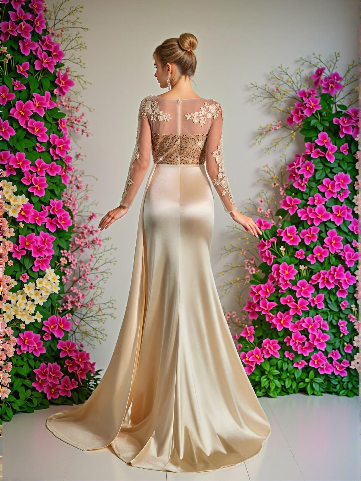 Elegant Champagne V-Neck Sheer Long Sleeve Lace Applique Sequin Mermaid Hem Stretch Satin Maxi Dress, Perfect for Weddings, Parties, Vacations, Balls, and Formal Events, Chic, Classy and Trendy Fashion Style to Dress to Impress, Perfect for party, prom, graduation day, and ceremony for university, college, and high school, Formal Evening Dinner Cocktail, Wedding Guest Gown. - Image 2