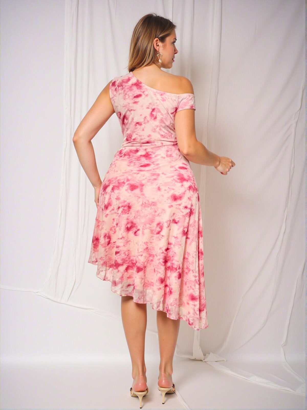 Elegant Pink Asymmetrical Neck Sleeveless Midi Dress with Ruched Hem and All-Over Print for Spring/Summer Chic, Classy and Trendy Fashion Style to Dress to Impress - Image 3