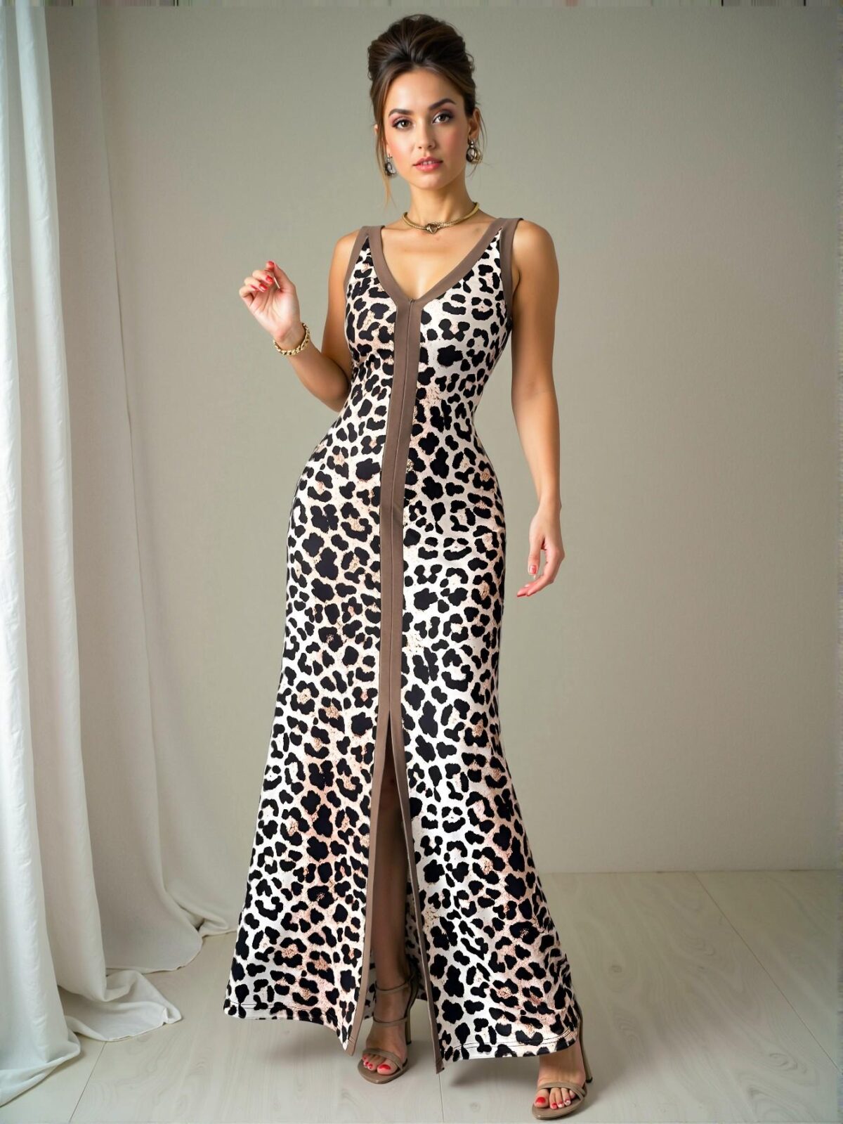 Elegant Multicolor Stylish Front Slit Leopard Print Dress, V-Neck Fitted Sleeveless Symmetric Collar Long Design for Spring and Summer - Chic, Classy and Trendy Fashion Style to Dress to Impress - Image 5