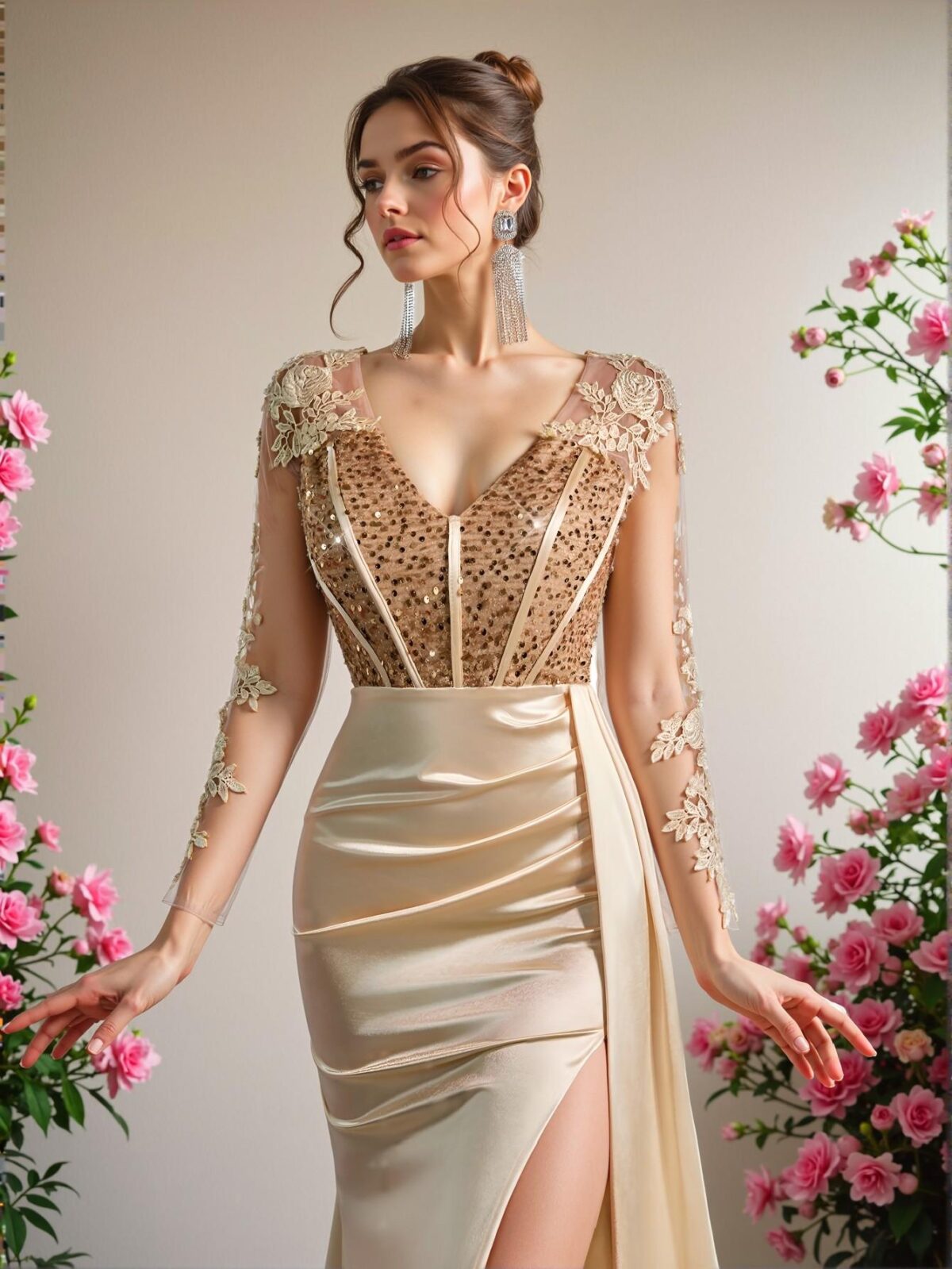 Elegant Champagne V-Neck Sheer Long Sleeve Lace Applique Sequin Mermaid Hem Stretch Satin Maxi Dress, Perfect for Weddings, Parties, Vacations, Balls, and Formal Events, Chic, Classy and Trendy Fashion Style to Dress to Impress, Perfect for party, prom, graduation day, and ceremony for university, college, and high school, Formal Evening Dinner Cocktail, Wedding Guest Gown. - Image 3