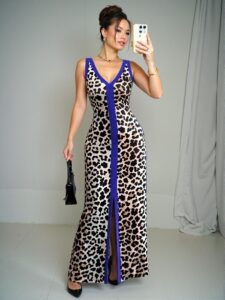 Elegant Multicolor Chic Asymmetric Leopard Print Sleeveless V-Neck Fitted Long Dress for Women, Perfectly Flattering for Spring and Summer, Chic, Classy and Trendy Fashion Style to Dress to Impress