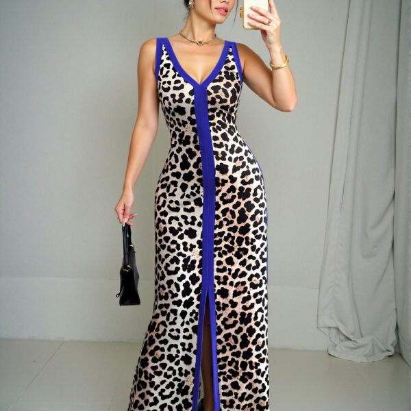 Elegant Multicolor Chic Asymmetric Leopard Print Sleeveless V-Neck Fitted Long Dress for Women, Perfectly Flattering for Spring and Summer, Chic, Classy and Trendy Fashion Style to Dress to Impress