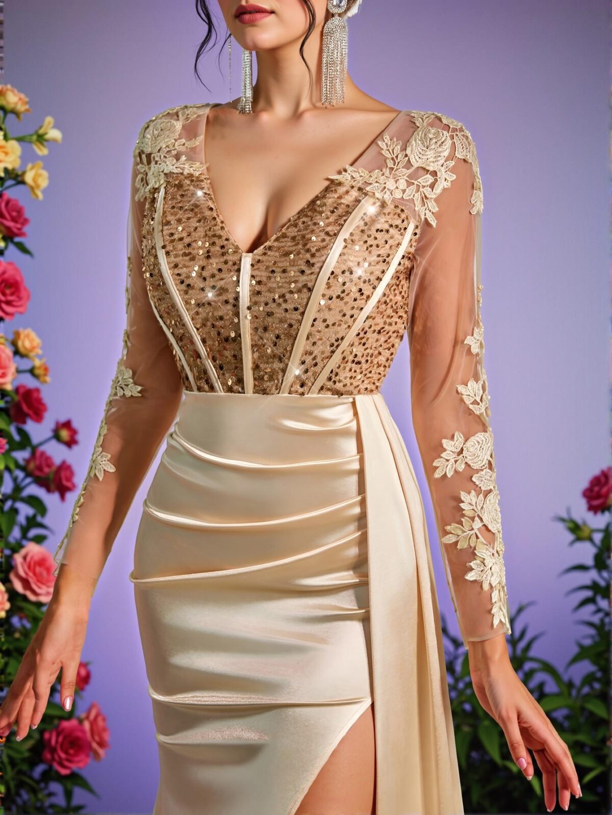 Elegant Champagne V-Neck Sheer Long Sleeve Lace Applique Sequin Mermaid Hem Stretch Satin Maxi Dress, Perfect for Weddings, Parties, Vacations, Balls, and Formal Events, Chic, Classy and Trendy Fashion Style to Dress to Impress, Perfect for party, prom, graduation day, and ceremony for university, college, and high school, Formal Evening Dinner Cocktail, Wedding Guest Gown. - Image 4