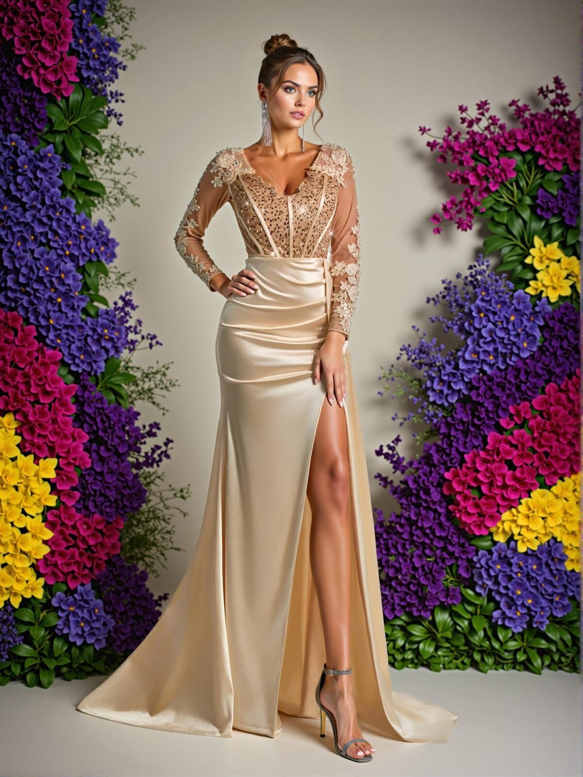 Elegant Champagne V-Neck Sheer Long Sleeve Lace Applique Sequin Mermaid Hem Stretch Satin Maxi Dress, Perfect for Weddings, Parties, Vacations, Balls, and Formal Events, Chic, Classy and Trendy Fashion Style to Dress to Impress, Perfect for party, prom, graduation day, and ceremony for university, college, and high school, Formal Evening Dinner Cocktail, Wedding Guest Gown. - Image 5
