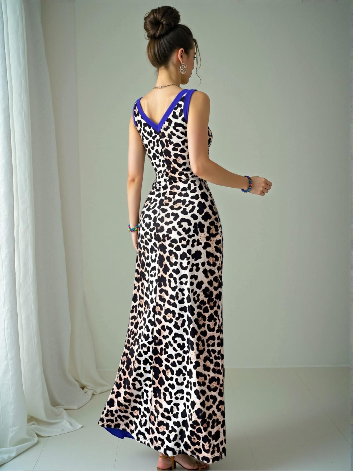 Elegant Multicolor Chic Asymmetric Leopard Print Sleeveless V-Neck Fitted Long Dress for Women, Perfectly Flattering for Spring and Summer, Chic, Classy and Trendy Fashion Style to Dress to Impress - Image 2