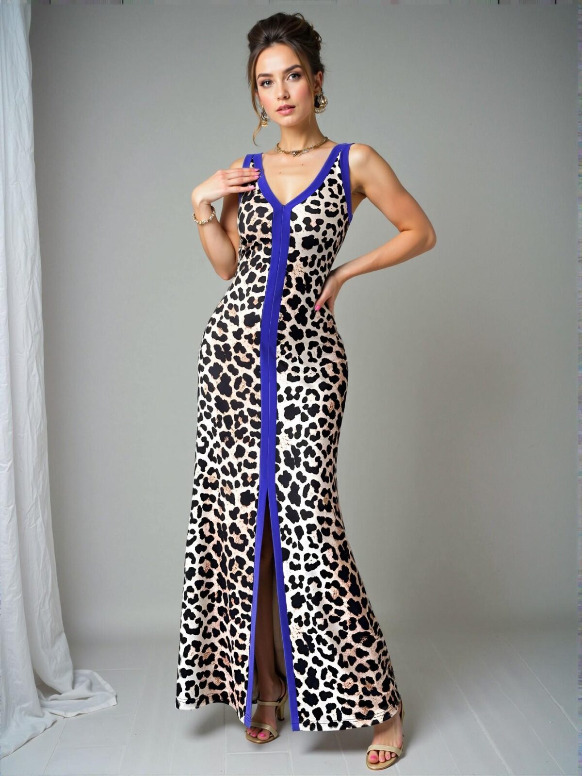Elegant Multicolor Chic Asymmetric Leopard Print Sleeveless V-Neck Fitted Long Dress for Women, Perfectly Flattering for Spring and Summer, Chic, Classy and Trendy Fashion Style to Dress to Impress - Image 3
