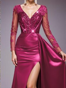 Elegant Hot Pink Glamorous V-Neck Illusion Long Sleeve Lace Applique Sequin Mermaid Gown with Satin Accordion Pleats and Side Slit for Formal Events, Perfect for party, prom, graduation day, and ceremony for university, college, and high school, Formal Evening Dinner Cocktail, Wedding Guest Gown, Chic, Classy and Trendy Fashion Style to Dress to Impress.