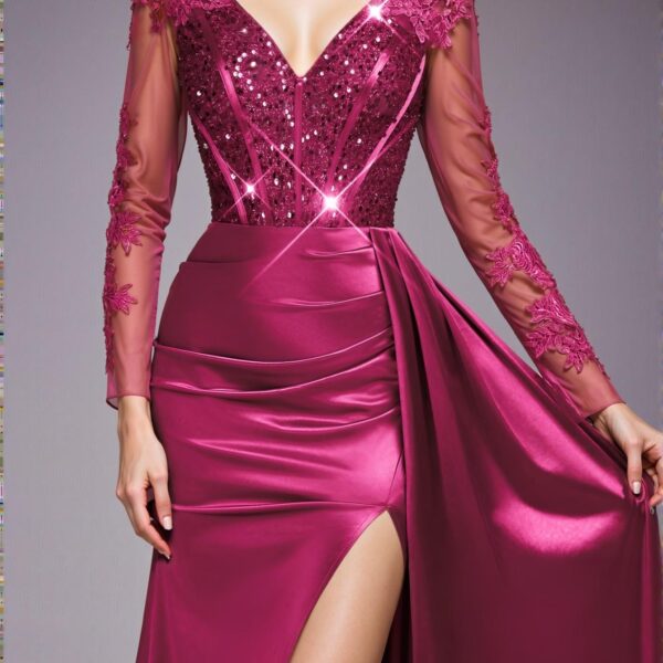 Elegant Hot Pink Glamorous V-Neck Illusion Long Sleeve Lace Applique Sequin Mermaid Gown with Satin Accordion Pleats and Side Slit for Formal Events, Perfect for party, prom, graduation day, and ceremony for university, college, and high school, Formal Evening Dinner Cocktail, Wedding Guest Gown, Chic, Classy and Trendy Fashion Style to Dress to Impress.