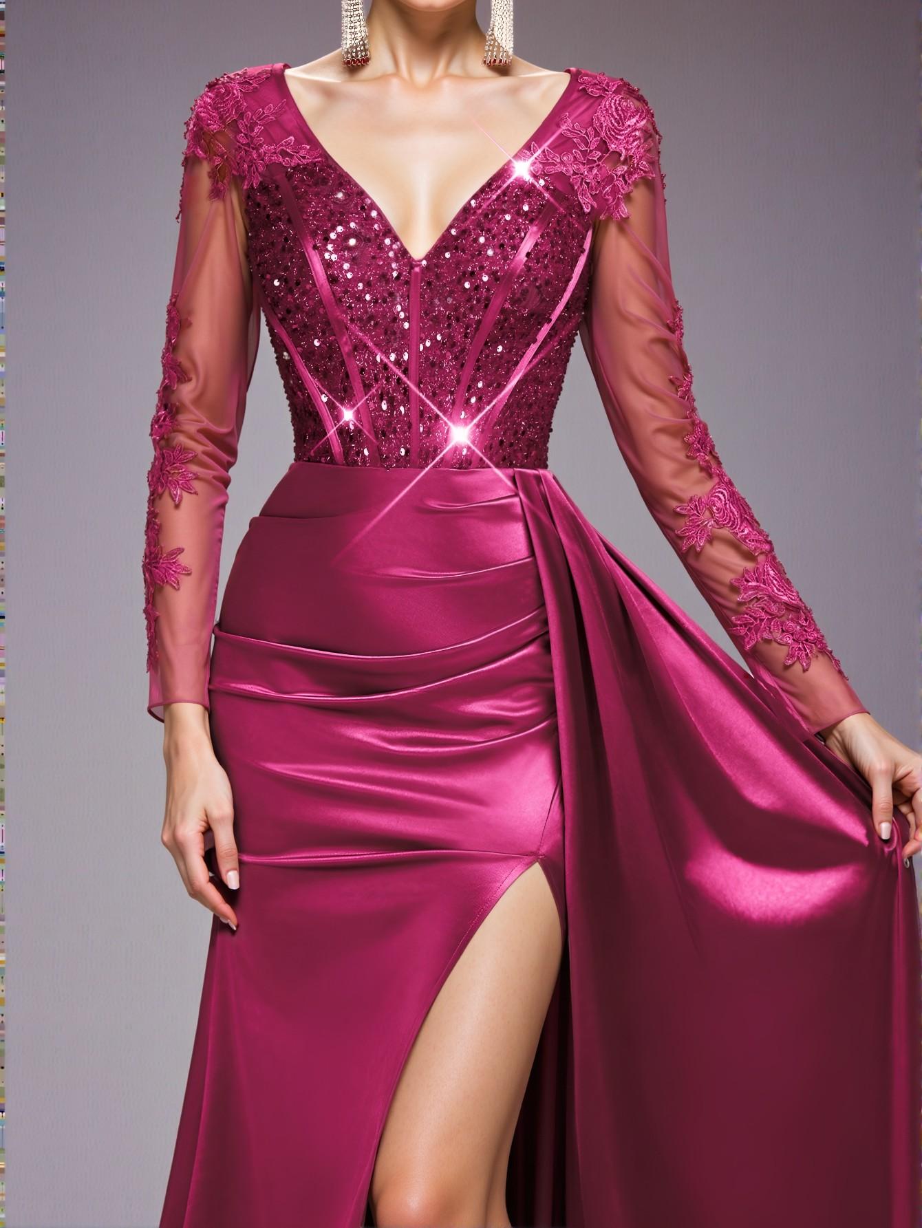 Elegant Hot Pink Glamorous V-Neck Illusion Long Sleeve Lace Applique Sequin Mermaid Gown with Satin Accordion Pleats and Side Slit for Formal Events, Perfect for party, prom, graduation day, and ceremony for university, college, and high school, Formal Evening Dinner Cocktail, Wedding Guest Gown, Chic, Classy and Trendy Fashion Style to Dress to Impress.