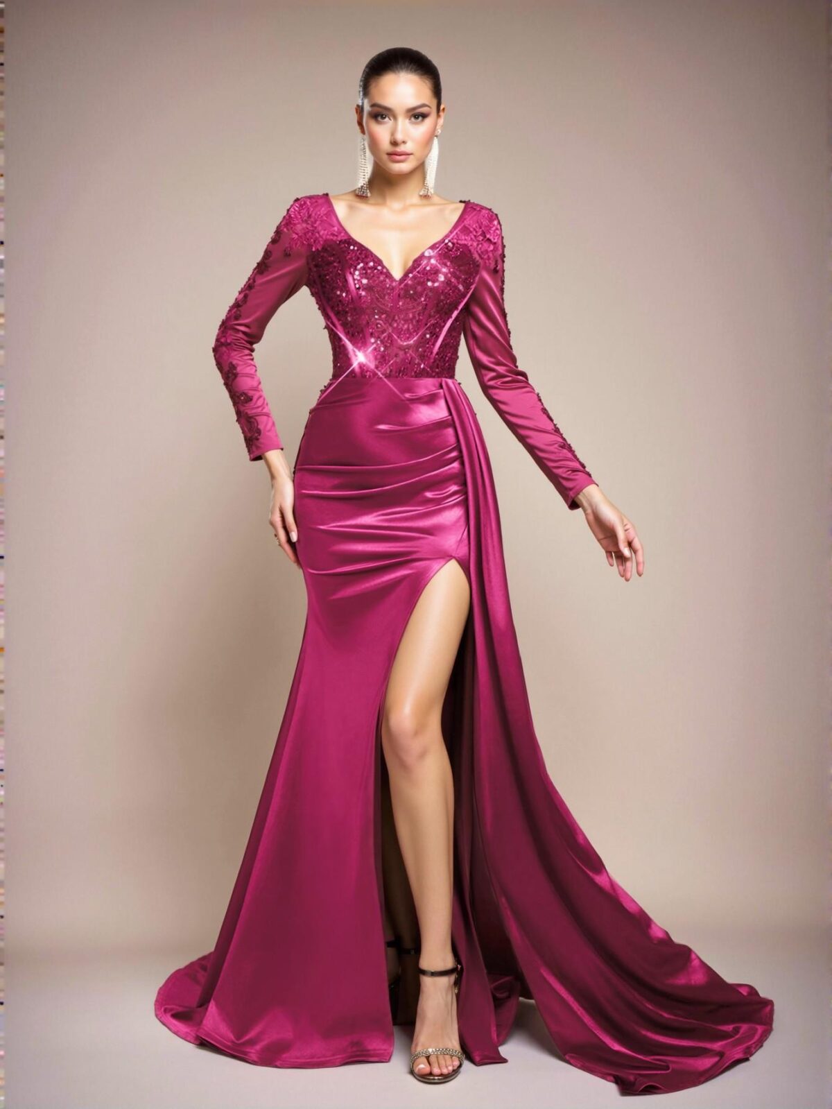 Elegant Hot Pink Glamorous V-Neck Illusion Long Sleeve Lace Applique Sequin Mermaid Gown with Satin Accordion Pleats and Side Slit for Formal Events, Perfect for party, prom, graduation day, and ceremony for university, college, and high school, Formal Evening Dinner Cocktail, Wedding Guest Gown, Chic, Classy and Trendy Fashion Style to Dress to Impress. - Image 2