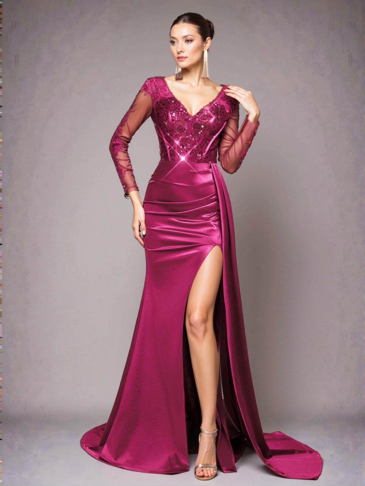 Elegant Hot Pink Glamorous V-Neck Illusion Long Sleeve Lace Applique Sequin Mermaid Gown with Satin Accordion Pleats and Side Slit for Formal Events, Perfect for party, prom, graduation day, and ceremony for university, college, and high school, Formal Evening Dinner Cocktail, Wedding Guest Gown, Chic, Classy and Trendy Fashion Style to Dress to Impress. - Image 3
