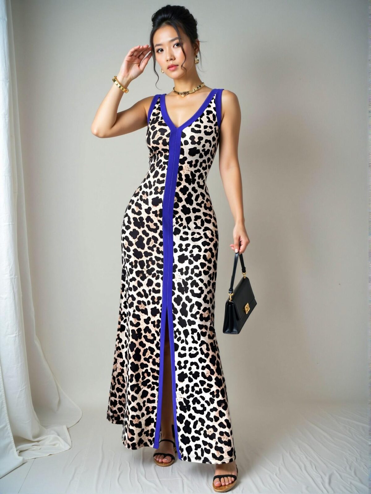 Elegant Multicolor Chic Asymmetric Leopard Print Sleeveless V-Neck Fitted Long Dress for Women, Perfectly Flattering for Spring and Summer, Chic, Classy and Trendy Fashion Style to Dress to Impress - Image 5