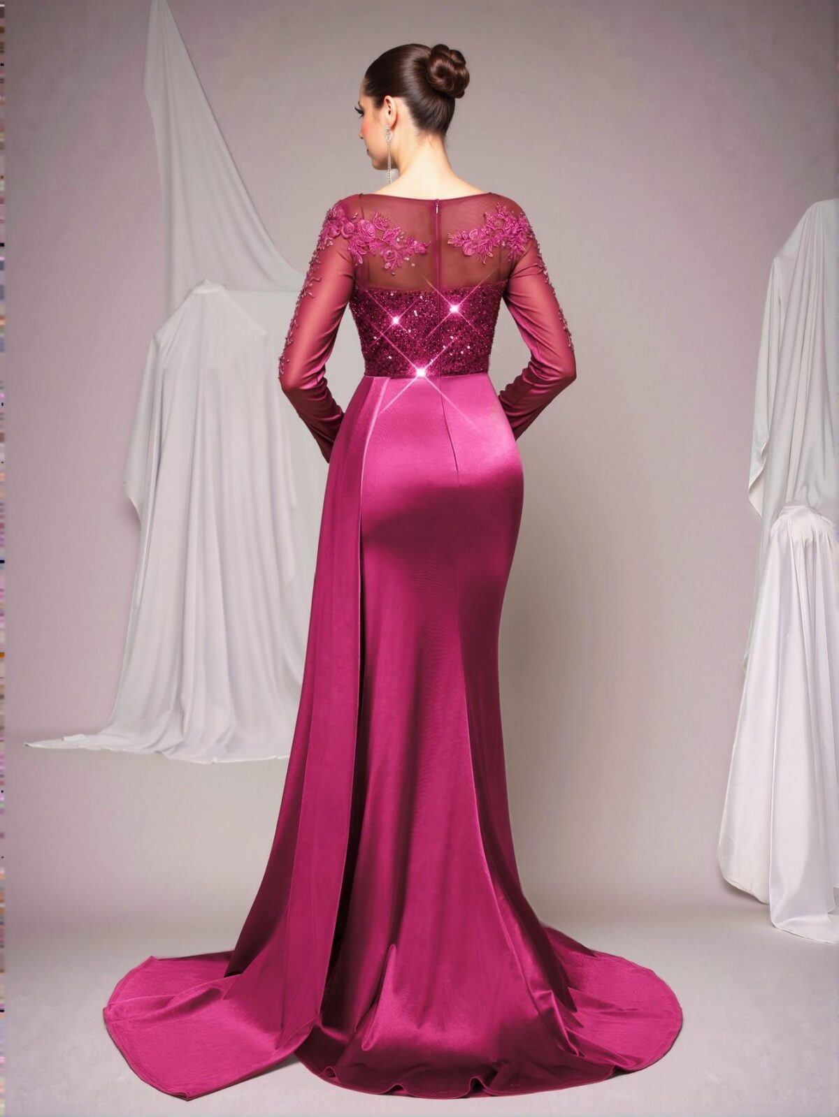 Elegant Hot Pink Glamorous V-Neck Illusion Long Sleeve Lace Applique Sequin Mermaid Gown with Satin Accordion Pleats and Side Slit for Formal Events, Perfect for party, prom, graduation day, and ceremony for university, college, and high school, Formal Evening Dinner Cocktail, Wedding Guest Gown, Chic, Classy and Trendy Fashion Style to Dress to Impress. - Image 4