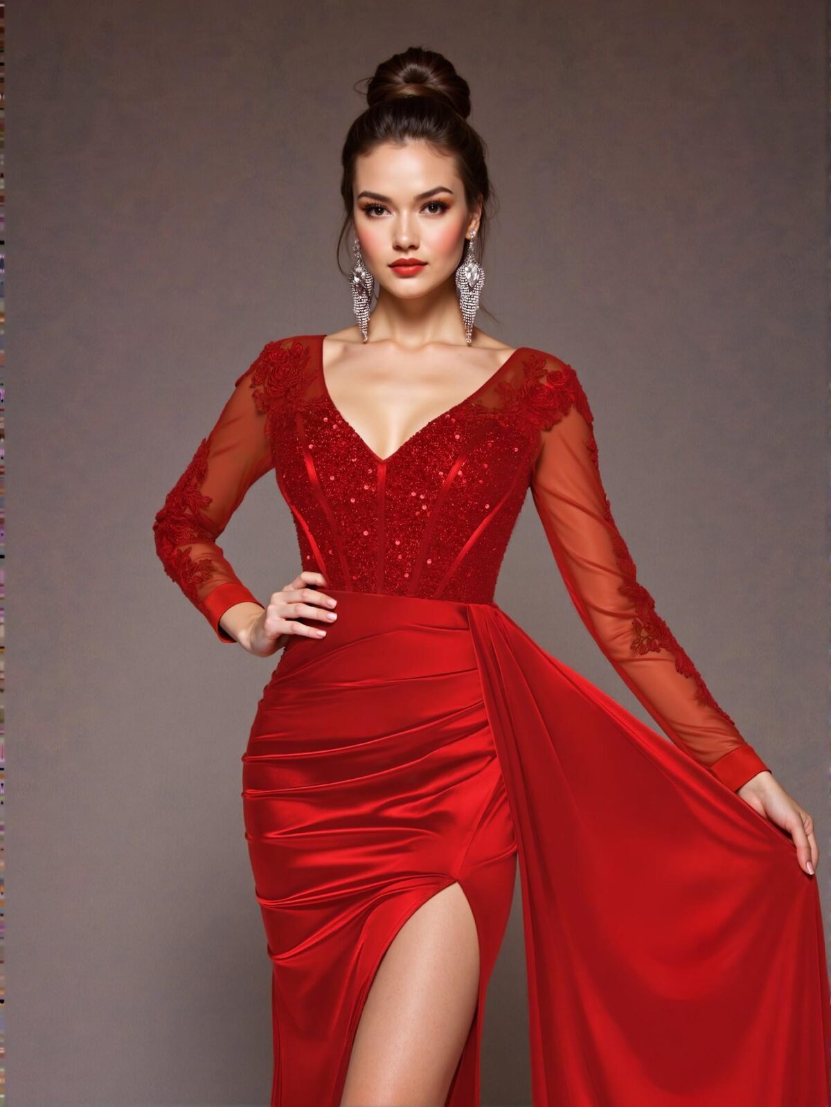 Elegant Red Glamrae V-Neck Sheer Long Sleeve Lace Applique Sequin Mermaid Hem Stretch Satin Ruched Side Slit Ruffle Maxi Dress, Ideal for Weddings, Parties, Cocktails, Vacations, Balls, and Formal Events. Perfect for party, prom, graduation day, and ceremony for university, college, and high school, Formal Evening Dinner Cocktail, Wedding Guest Gown, Chic, Classy and Trendy Fashion Style to Dress to Impress. - Image 2