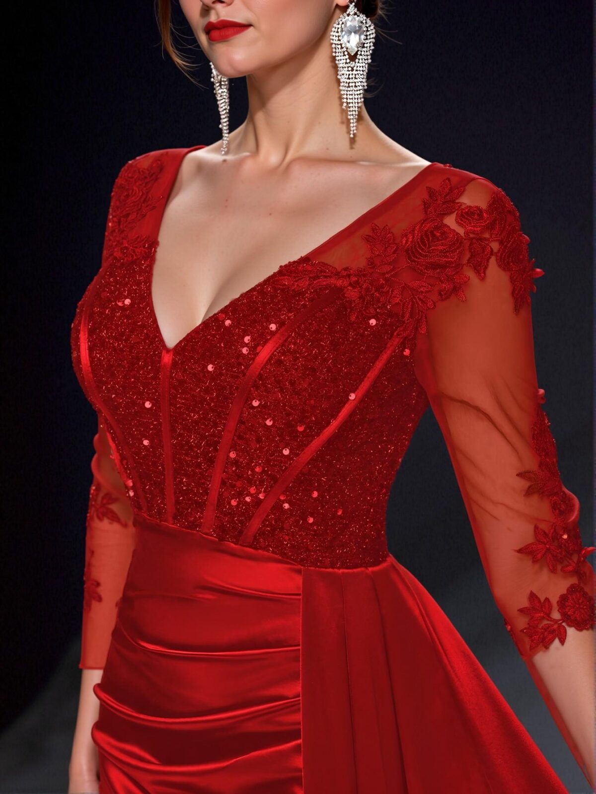 Elegant Red Glamrae V-Neck Sheer Long Sleeve Lace Applique Sequin Mermaid Hem Stretch Satin Ruched Side Slit Ruffle Maxi Dress, Ideal for Weddings, Parties, Cocktails, Vacations, Balls, and Formal Events. Perfect for party, prom, graduation day, and ceremony for university, college, and high school, Formal Evening Dinner Cocktail, Wedding Guest Gown, Chic, Classy and Trendy Fashion Style to Dress to Impress. - Image 3