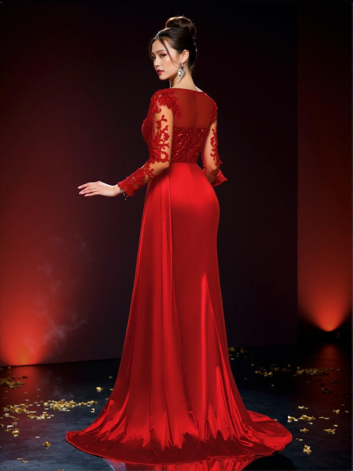 Elegant Red Glamrae V-Neck Sheer Long Sleeve Lace Applique Sequin Mermaid Hem Stretch Satin Ruched Side Slit Ruffle Maxi Dress, Ideal for Weddings, Parties, Cocktails, Vacations, Balls, and Formal Events. Perfect for party, prom, graduation day, and ceremony for university, college, and high school, Formal Evening Dinner Cocktail, Wedding Guest Gown, Chic, Classy and Trendy Fashion Style to Dress to Impress. - Image 4