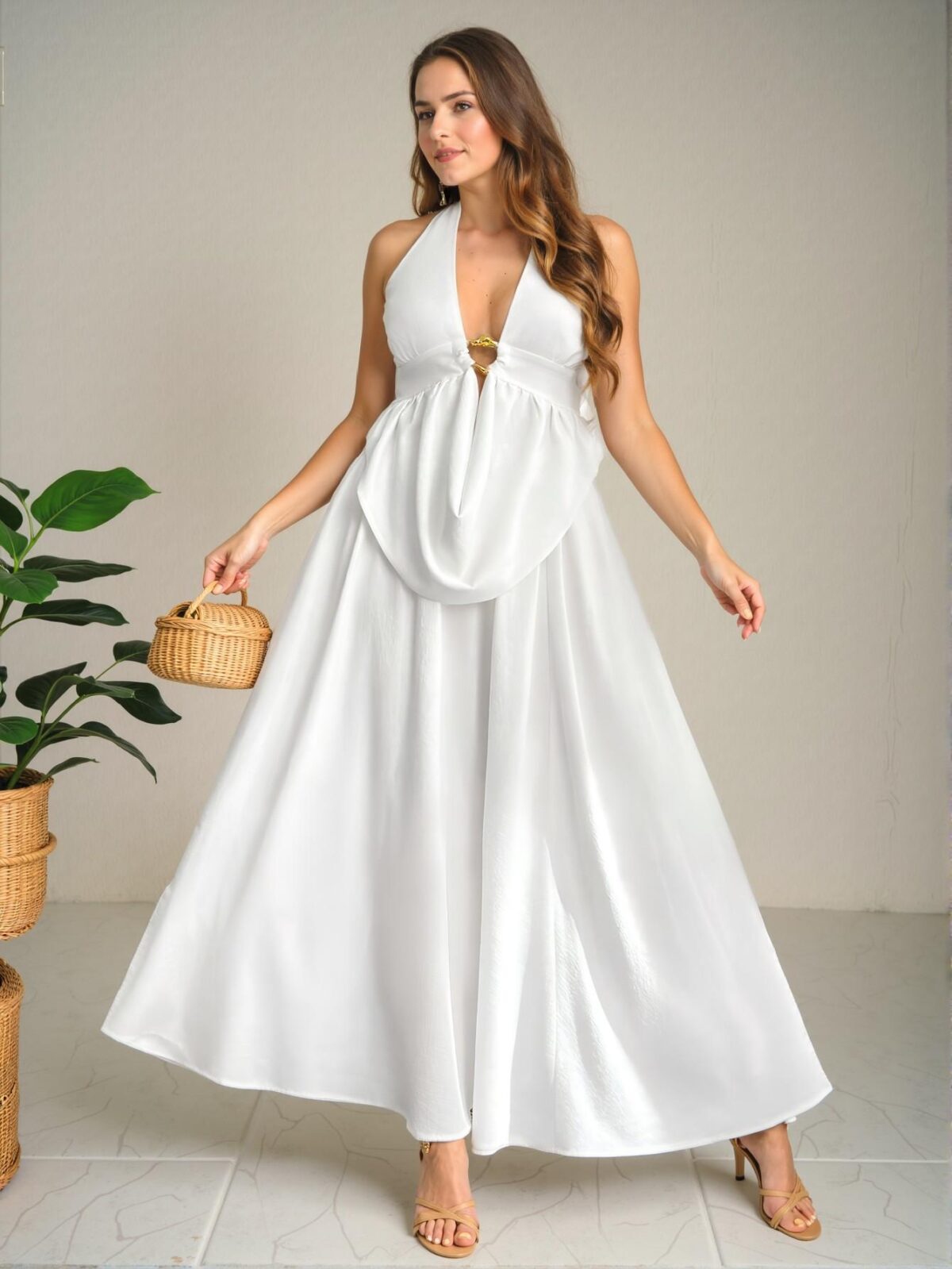 Elegant White Alluring Backless Halter Neck Camisole and Mini Skirt Ensemble - Chic, Classy, and Trendy Fashion Style to Dress to Impress