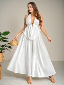 Elegant White Alluring Backless Halter Neck Camisole and Mini Skirt Ensemble - Chic, Classy, and Trendy Fashion Style to Dress to Impress