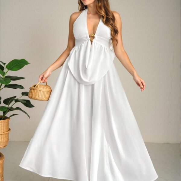 Elegant White Alluring Backless Halter Neck Camisole and Mini Skirt Ensemble - Chic, Classy, and Trendy Fashion Style to Dress to Impress