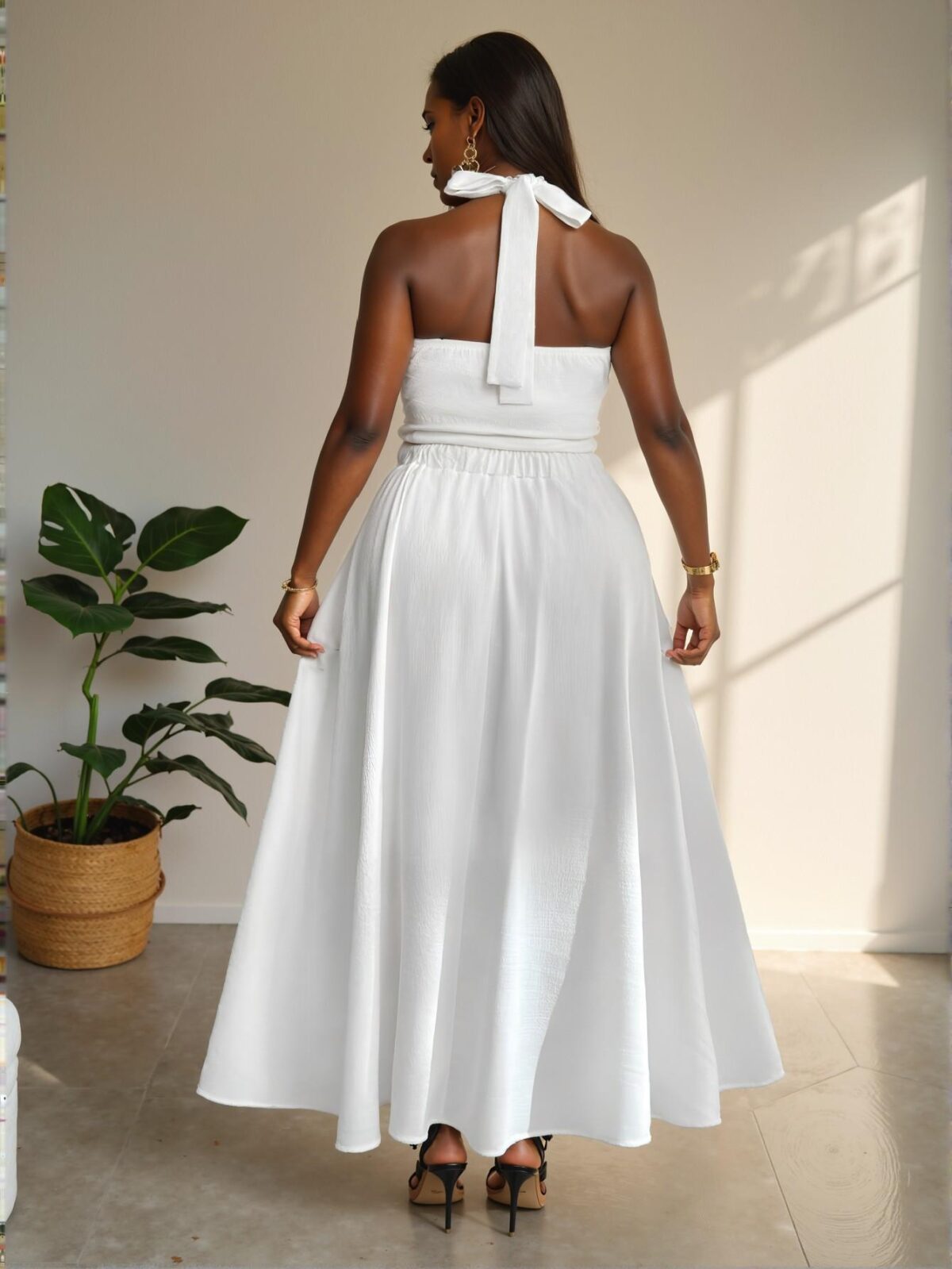 Elegant White Alluring Backless Halter Neck Camisole and Mini Skirt Ensemble - Chic, Classy, and Trendy Fashion Style to Dress to Impress - Image 3