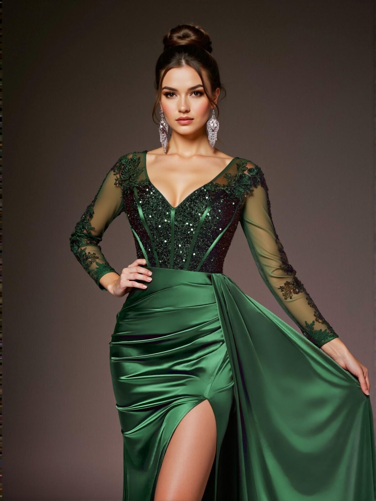 Elegant Dark Green Exquisite V-Neck Long Sleeve Lace Applique Sequin Mermaid Gown with Glossy Stretch Satin and Ruched Side Slit, Ideal for Weddings, Parties, and Formal Events. Perfect for party, prom, graduation day, and ceremony for university, college, and high school, Formal Evening Dinner Cocktail, Wedding Guest Gown, Chic, Classy and Trendy Fashion Style to Dress to Impress. - Image 2