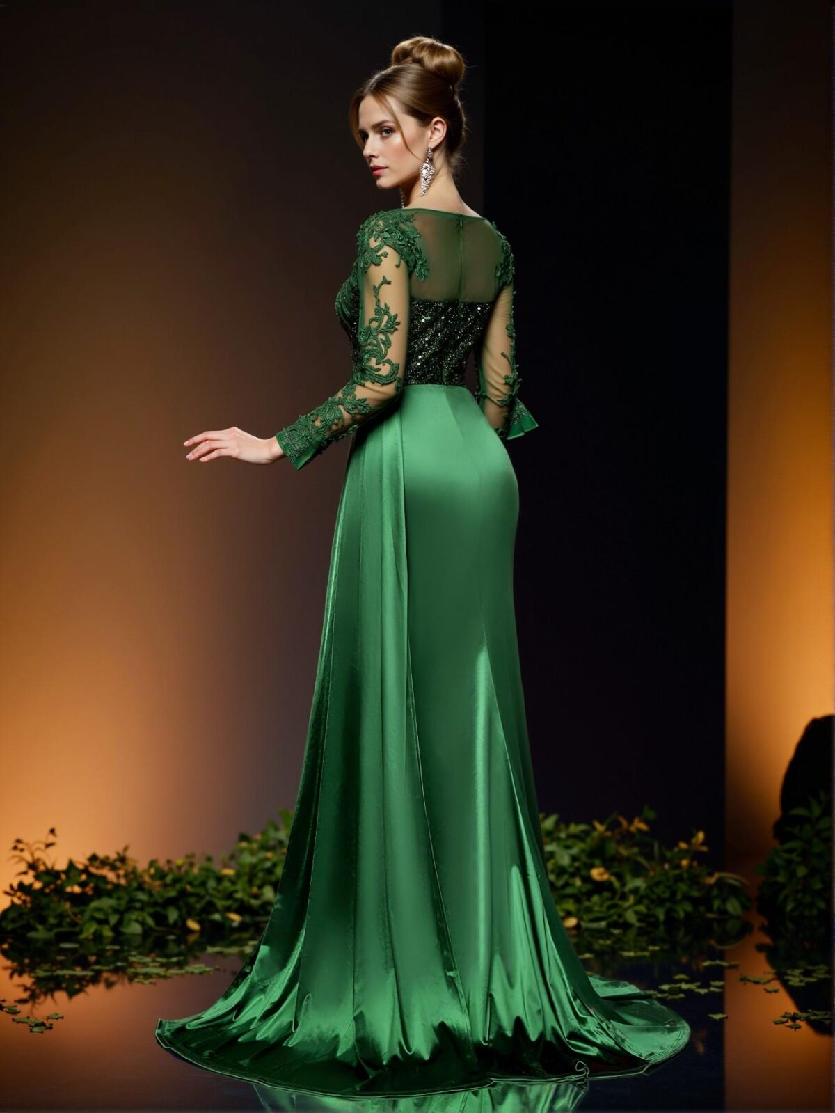 Elegant Dark Green Exquisite V-Neck Long Sleeve Lace Applique Sequin Mermaid Gown with Glossy Stretch Satin and Ruched Side Slit, Ideal for Weddings, Parties, and Formal Events. Perfect for party, prom, graduation day, and ceremony for university, college, and high school, Formal Evening Dinner Cocktail, Wedding Guest Gown, Chic, Classy and Trendy Fashion Style to Dress to Impress. - Image 4