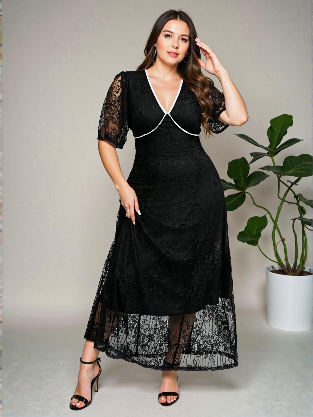 Elegant Black Contrast Lace A-Line Dress for Plus Size Women - Chic, Classy and Trendy Fashion Style to Dress to Impress