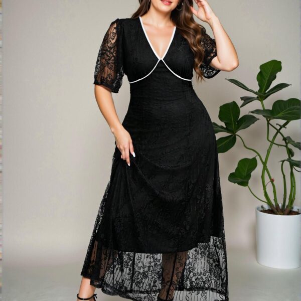 Elegant Black Contrast Lace A-Line Dress for Plus Size Women - Chic, Classy and Trendy Fashion Style to Dress to Impress