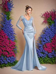 Elegant Baby Blue Luxurious V-Neck Long Sleeve Lace-Sequined Mermaid Hem Dress with Ruched Side Slit, Ideal for Weddings, Parties, Proms, and Evening Events. Perfect for party, prom, graduation day, and ceremony for university, college, and high school, Formal Evening Dinner Cocktail, Wedding Guest Gown, Chic, Classy and Trendy Fashion Style to Dress to Impress.