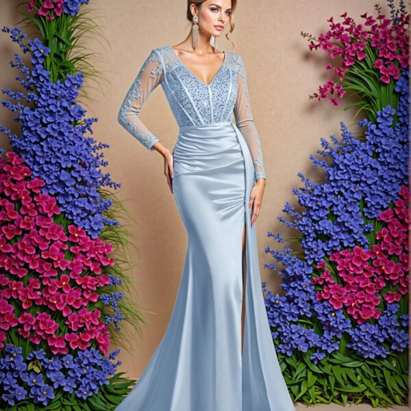 Elegant Baby Blue Luxurious V-Neck Long Sleeve Lace-Sequined Mermaid Hem Dress with Ruched Side Slit, Ideal for Weddings, Parties, Proms, and Evening Events. Perfect for party, prom, graduation day, and ceremony for university, college, and high school, Formal Evening Dinner Cocktail, Wedding Guest Gown, Chic, Classy and Trendy Fashion Style to Dress to Impress.