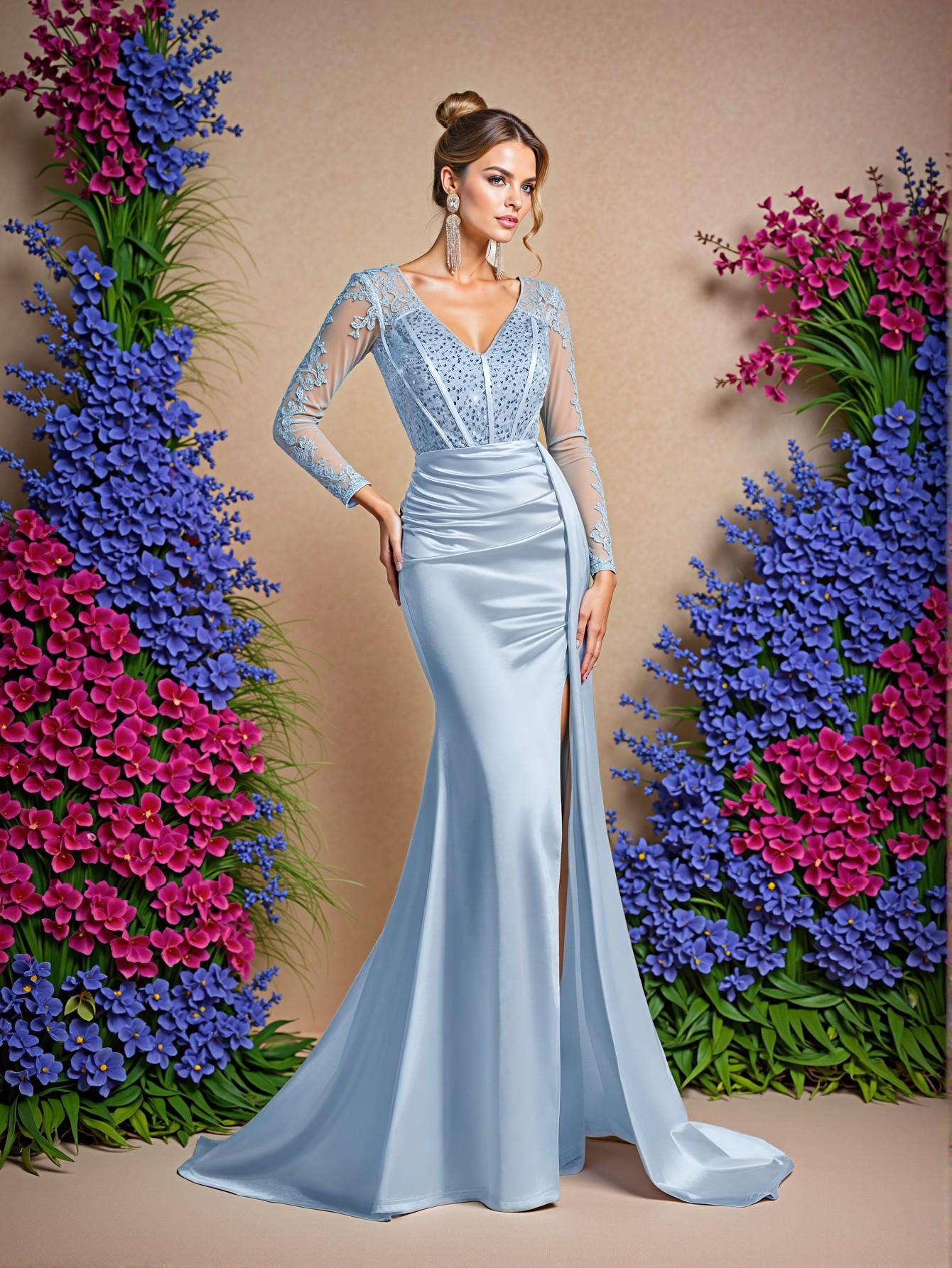 Elegant Baby Blue Luxurious V-Neck Long Sleeve Lace-Sequined Mermaid Hem Dress with Ruched Side Slit, Ideal for Weddings, Parties, Proms, and Evening Events. Perfect for party, prom, graduation day, and ceremony for university, college, and high school, Formal Evening Dinner Cocktail, Wedding Guest Gown, Chic, Classy and Trendy Fashion Style to Dress to Impress.