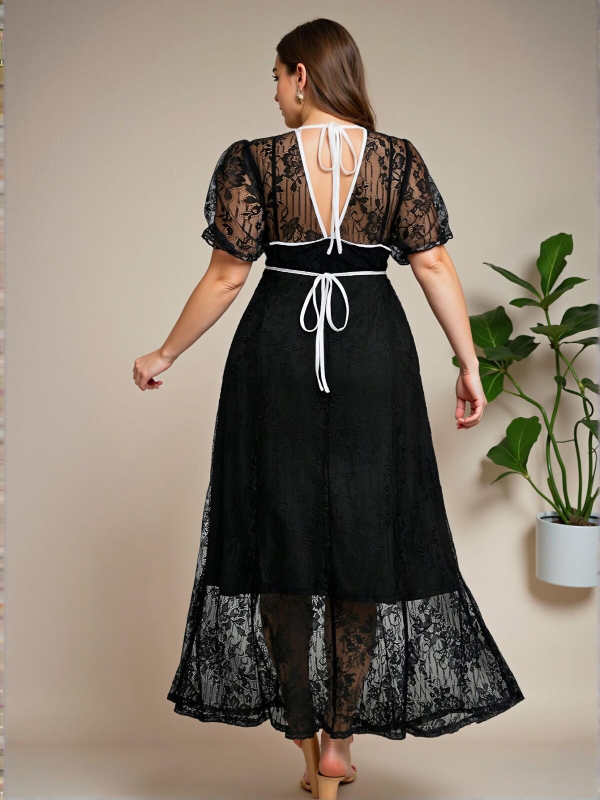 Elegant Black Contrast Lace A-Line Dress for Plus Size Women - Chic, Classy and Trendy Fashion Style to Dress to Impress - Image 2