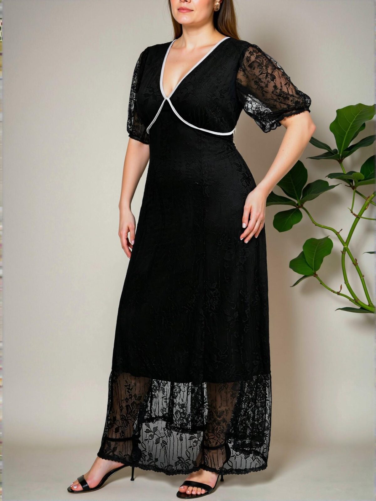 Elegant Black Contrast Lace A-Line Dress for Plus Size Women - Chic, Classy and Trendy Fashion Style to Dress to Impress - Image 3
