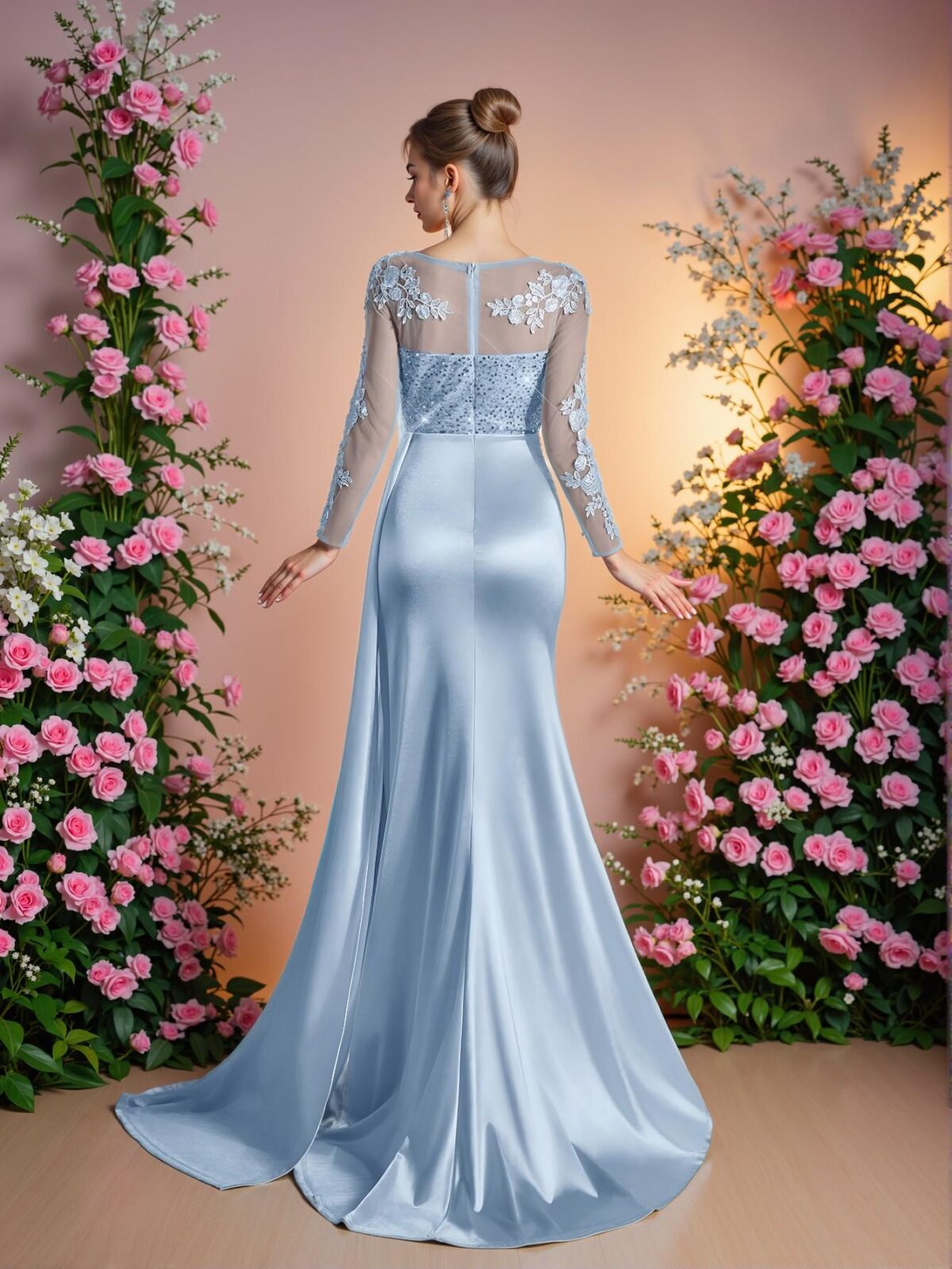 Elegant Baby Blue Luxurious V-Neck Long Sleeve Lace-Sequined Mermaid Hem Dress with Ruched Side Slit, Ideal for Weddings, Parties, Proms, and Evening Events. Perfect for party, prom, graduation day, and ceremony for university, college, and high school, Formal Evening Dinner Cocktail, Wedding Guest Gown, Chic, Classy and Trendy Fashion Style to Dress to Impress. - Image 2