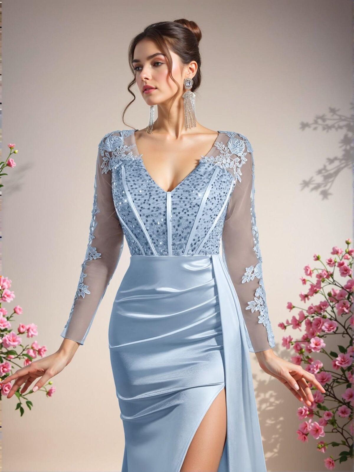 Elegant Baby Blue Luxurious V-Neck Long Sleeve Lace-Sequined Mermaid Hem Dress with Ruched Side Slit, Ideal for Weddings, Parties, Proms, and Evening Events. Perfect for party, prom, graduation day, and ceremony for university, college, and high school, Formal Evening Dinner Cocktail, Wedding Guest Gown, Chic, Classy and Trendy Fashion Style to Dress to Impress. - Image 4