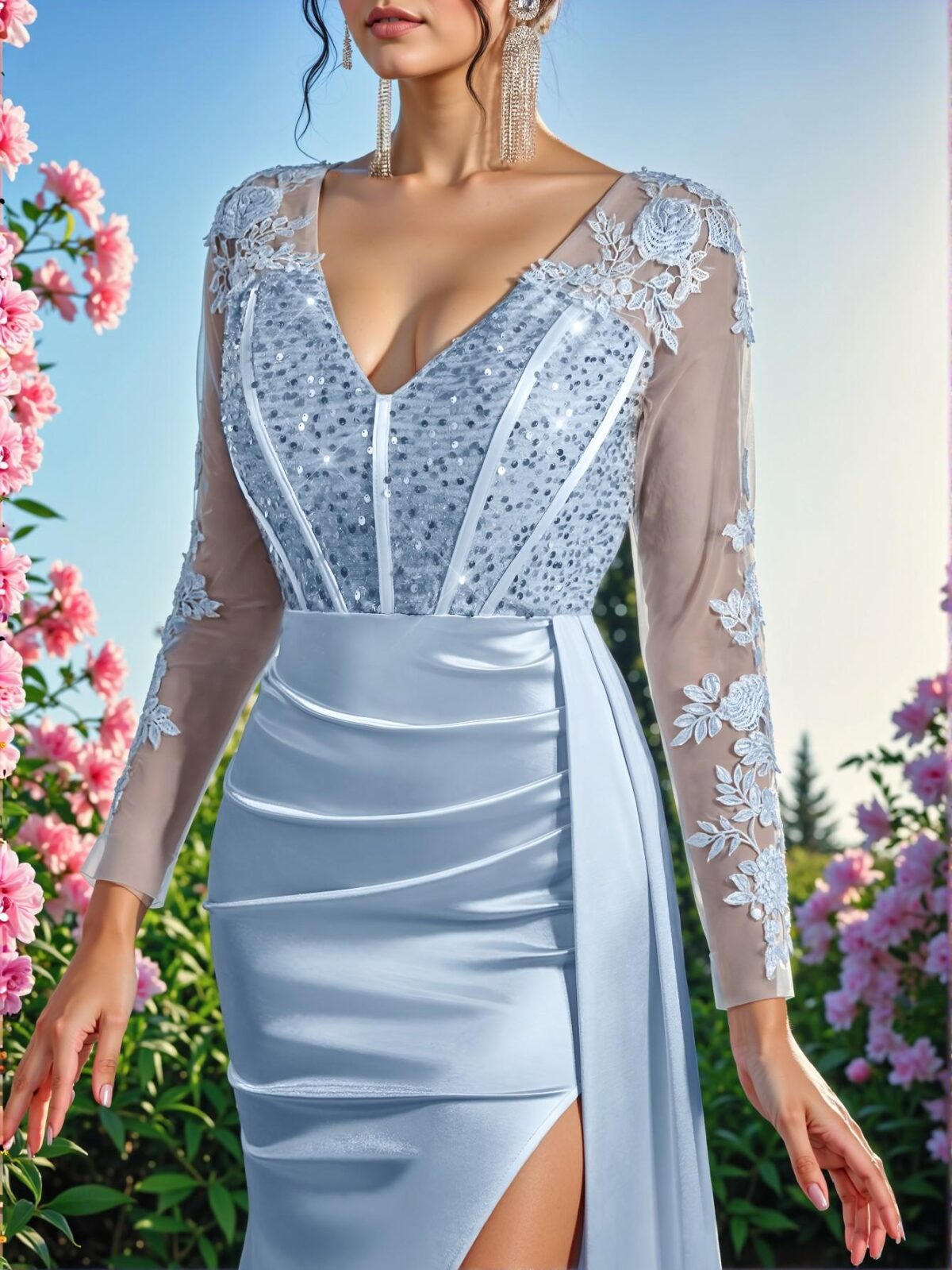 Elegant Baby Blue Luxurious V-Neck Long Sleeve Lace-Sequined Mermaid Hem Dress with Ruched Side Slit, Ideal for Weddings, Parties, Proms, and Evening Events. Perfect for party, prom, graduation day, and ceremony for university, college, and high school, Formal Evening Dinner Cocktail, Wedding Guest Gown, Chic, Classy and Trendy Fashion Style to Dress to Impress. - Image 5