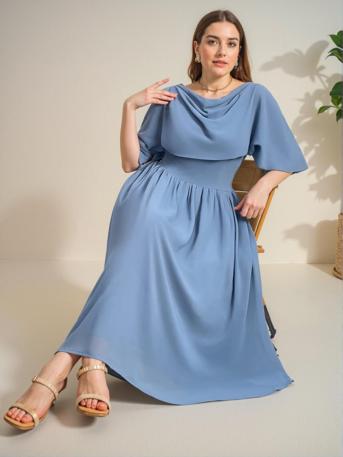 Elegant Dusty Blue Flared A-Line Dress with Cowl Neck Design for Effortless Spring and Summer Style - Chic, Classy and Trendy Fashion Style to Dress to Impress