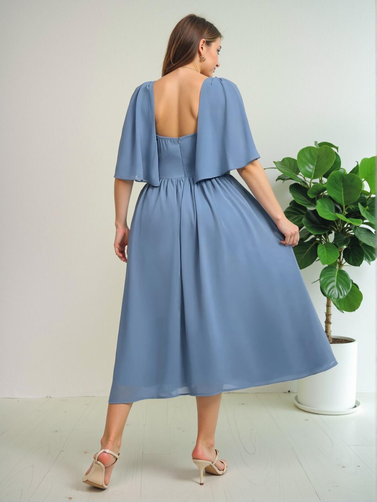Elegant Dusty Blue Flared A-Line Dress with Cowl Neck Design for Effortless Spring and Summer Style - Chic, Classy and Trendy Fashion Style to Dress to Impress - Image 2