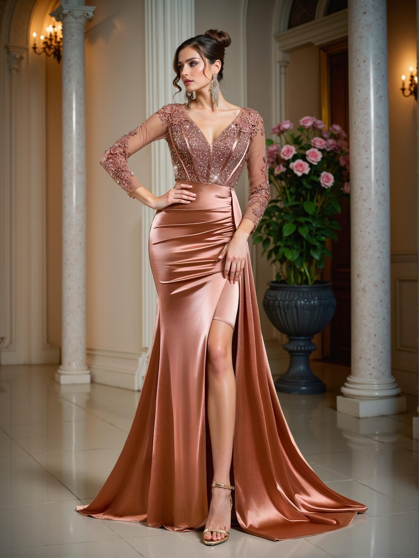 Elegant Dusty Pink Exquisite V-Neck Long Sleeve Lace Sequin Embroidered Bodycon Fishtail Maxi Dress with Sheer Panel and Stretchy Crepe Fabric, Ideal for Weddings, Parties, Cocktails, Holidays, Gala Events, and Formal Evenings. Perfect for party, prom, graduation day, and ceremony for university, college, and high school, Formal Evening Dinner Cocktail, Wedding Guest Gown, Chic, Classy and Trendy Fashion Style to Dress to Impress.