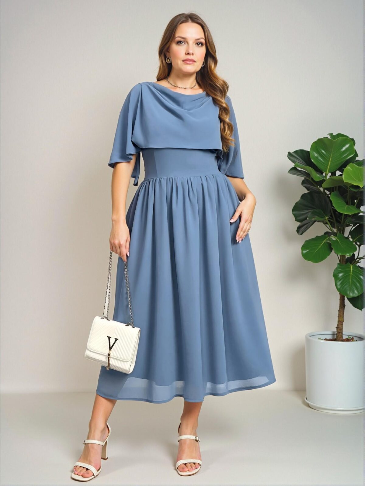 Elegant Dusty Blue Flared A-Line Dress with Cowl Neck Design for Effortless Spring and Summer Style - Chic, Classy and Trendy Fashion Style to Dress to Impress - Image 3