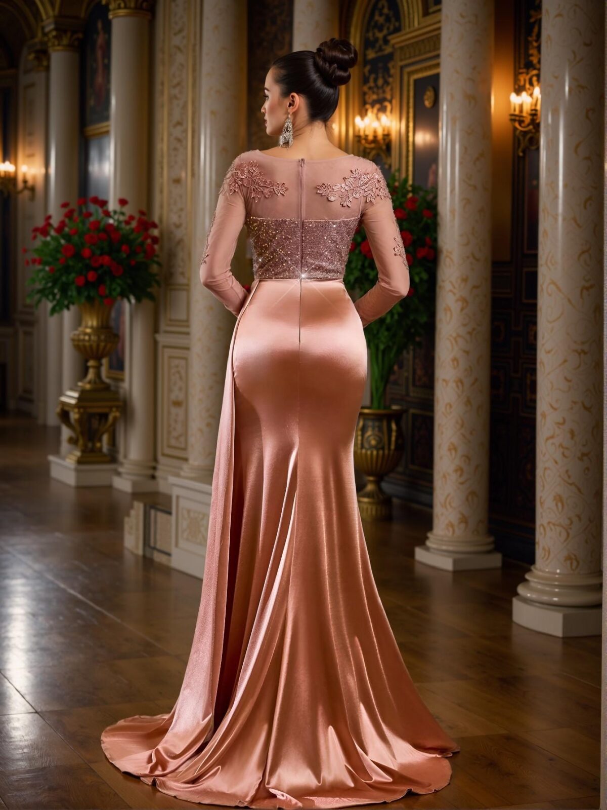 Elegant Dusty Pink Exquisite V-Neck Long Sleeve Lace Sequin Embroidered Bodycon Fishtail Maxi Dress with Sheer Panel and Stretchy Crepe Fabric, Ideal for Weddings, Parties, Cocktails, Holidays, Gala Events, and Formal Evenings. Perfect for party, prom, graduation day, and ceremony for university, college, and high school, Formal Evening Dinner Cocktail, Wedding Guest Gown, Chic, Classy and Trendy Fashion Style to Dress to Impress. - Image 2