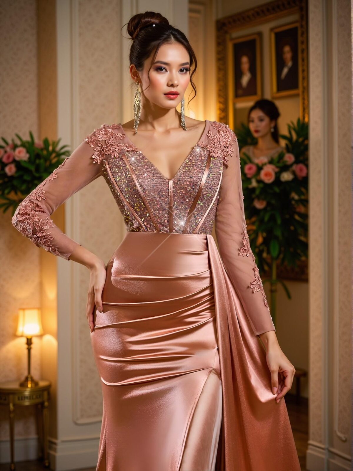 Elegant Dusty Pink Exquisite V-Neck Long Sleeve Lace Sequin Embroidered Bodycon Fishtail Maxi Dress with Sheer Panel and Stretchy Crepe Fabric, Ideal for Weddings, Parties, Cocktails, Holidays, Gala Events, and Formal Evenings. Perfect for party, prom, graduation day, and ceremony for university, college, and high school, Formal Evening Dinner Cocktail, Wedding Guest Gown, Chic, Classy and Trendy Fashion Style to Dress to Impress. - Image 3