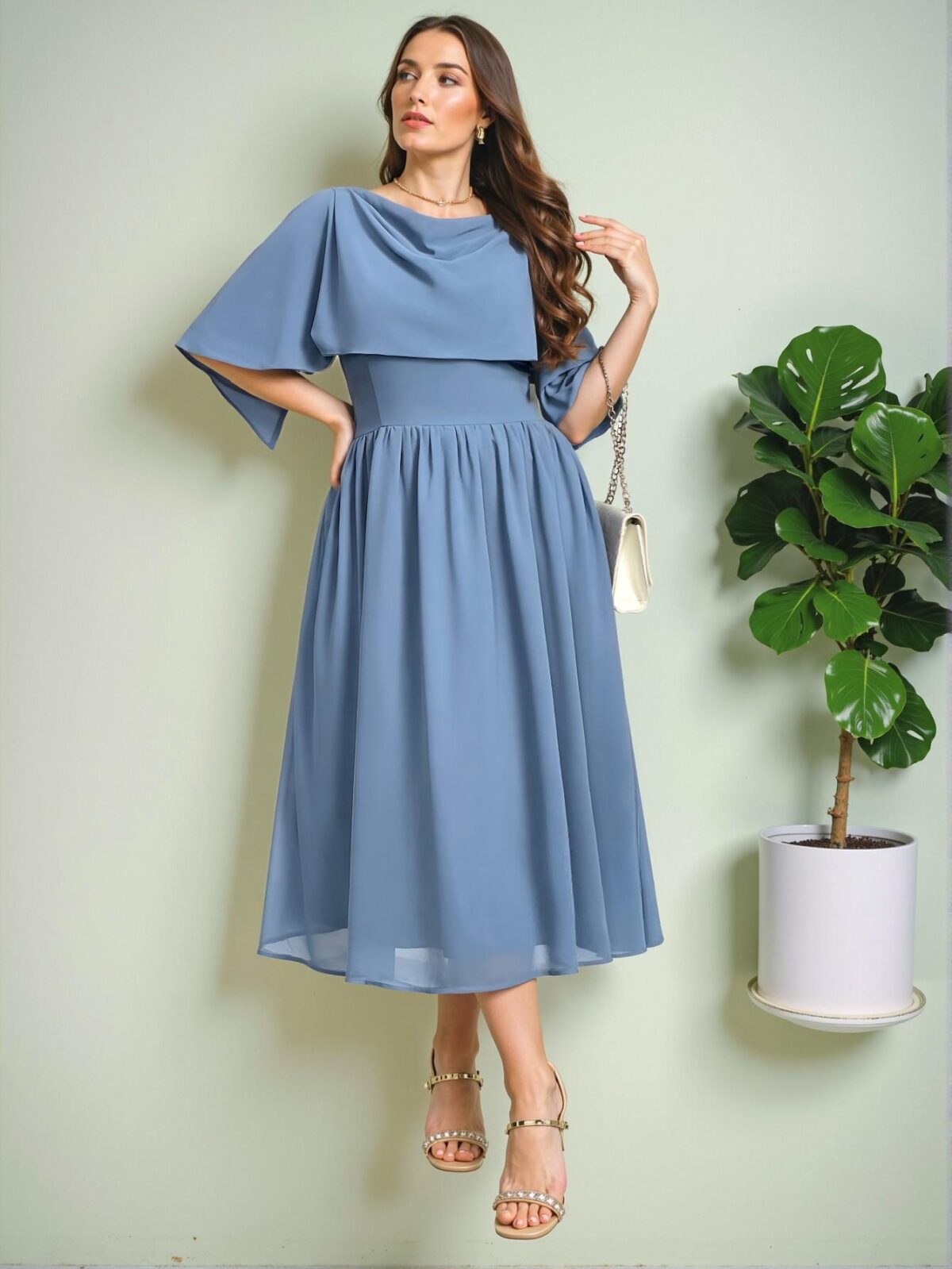 Elegant Dusty Blue Flared A-Line Dress with Cowl Neck Design for Effortless Spring and Summer Style - Chic, Classy and Trendy Fashion Style to Dress to Impress - Image 4