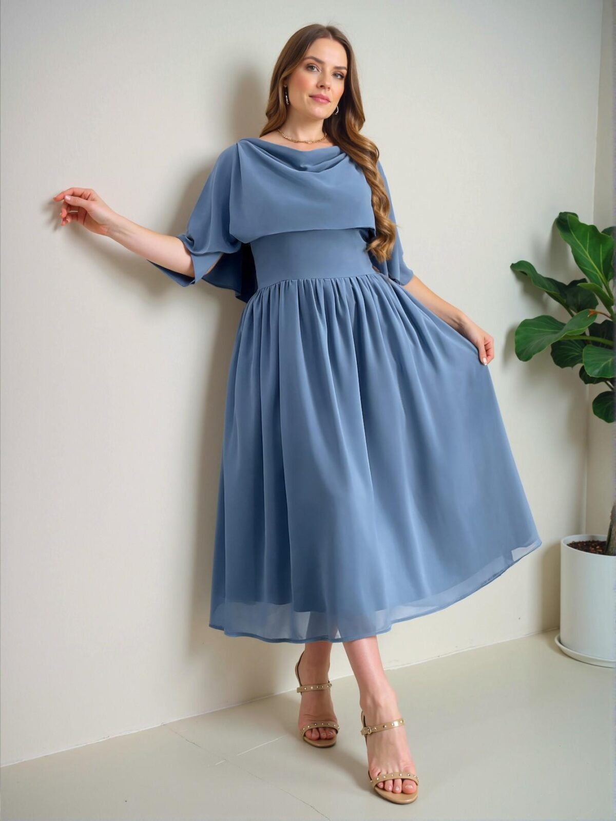 Elegant Dusty Blue Flared A-Line Dress with Cowl Neck Design for Effortless Spring and Summer Style - Chic, Classy and Trendy Fashion Style to Dress to Impress - Image 5